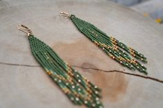 Green Beaded Earrings, Green Earring, Green Forest, Green Gifts, Wife Gift, Beaded Fringe