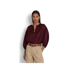 Lauren Ralph Lauren Women's Shantung Blouson-Sleeve Blouse Burgundy Size L Crafted With Lightweight Linen-Blend Shantung For A Silky Sheen, This Lauren Ralph Lauren Blouse Unites A Contemporary Quarter-Zip Placket With Elegant Blouson Sleeves. Detailed With Crisp Pleats, It's Cut For A Breezy, Relaxed-Fitting Silhouette. * Pleating At The Neckline * Quarter-Zip Placket * Imported * Shirring Into Cuffs And Sleeve Caps * Rounded Neckline * Dropped Shoulders * Shirttail Hem * Three-Quarter-Length B Elegant Burgundy Blouse For Work, Casual Burgundy Blouse For Work, Chic Burgundy Tops For Workwear, 3/4 Sleeve Blouse For Workwear, Fall Workwear Blouse With Blouson Sleeves, Workwear Blouse With Blouson Sleeves, Long Blouse Outfit, Ralph Lauren Blouse, Vintage Blouse