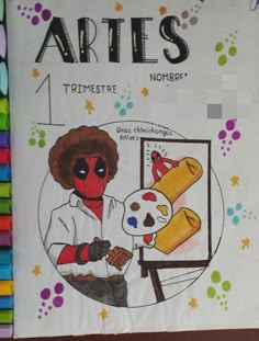 a poster with an image of a person wearing a deadpool mask and holding a paintbrush