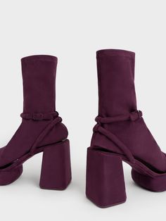 Burgundy Lucile Textured Platform Calf Boots - CHARLES & KEITH US Trendy Winter Heeled Boots With Ankle Strap, Purple Platform Boots For Fall, Burgundy Platform Boots For Fall, Burgundy Platform Boots With Round Toe For Fall, Trendy Burgundy Winter Boots, Trendy Burgundy Boots For Winter, Winter Burgundy Ankle-high Heeled Boots, Purple Round Toe Platform Boots For Winter, Burgundy Ankle-high Heeled Boots For Winter