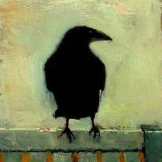 a painting of a black bird sitting on a ledge