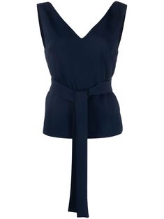 navy blue V-neck V-back sleeveless belted waist