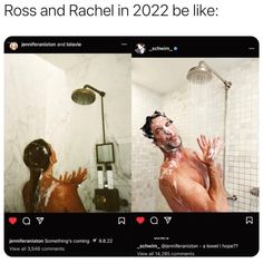 two men in the shower with soap on their faces and one is washing his face