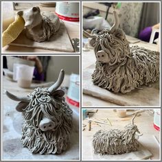 several pictures of some kind of animal that is made out of clay and paper machs