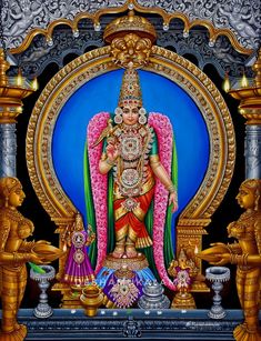 the god is sitting in front of an ornate frame with gold and pink decorations on it