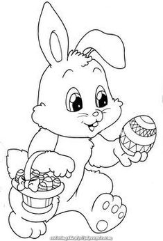 a coloring page with an image of a bunny holding a basket and eggs in it