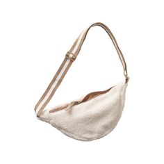 a white purse on a white background with a brown strap and two zippered closures