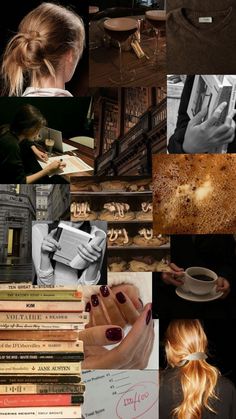 the collage shows many different types of books and people with their hands on them