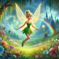 the tinkerbell fairy is flying through the air in front of a rainbow - filled forest