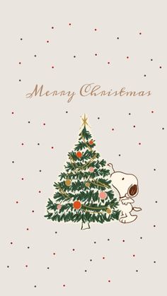 a christmas card with a snoopy dog and a tree on the front, merry christmas