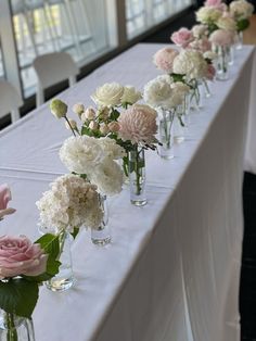 Soft pink and white flowers bud vases Bud Vase Hydrangea, Pink And White Rose Centerpieces, Pink Table Flowers, Wedding Table Hydrangea, Pink Rose Bud Vase, Pink And White Bud Vases Wedding, Soft Pink And White Wedding Flowers, Hydrangea Bud Vase Wedding