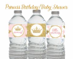 three water bottles with princess birthday / baby shower labels on them