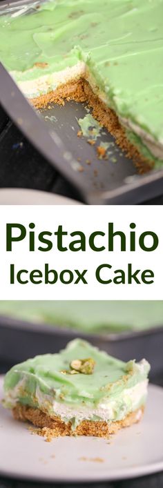 a piece of pistachio icebox cake on a plate