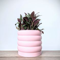 a pink planter filled with plants on top of a wooden table