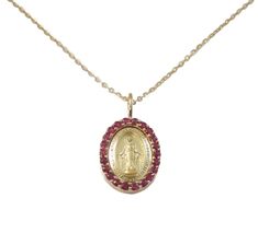 This exquisite 14K gold Miraculous Medal necklace is sure to make a lasting impression. Featuring a dazzling colored stone of your choice, whether it be ruby, blue sapphire, or emerald, this piece of jewelry is sure to bring delight and radiance to any ensemble. Wear it and sparkle! Total Weight in Color Stone CS0.36cts Fine Jewelry Pendant Necklace With Halo, Yellow Gold Necklace With Jewels In Round Pendant, Yellow Gold Jewelry With Round Pendant, Yellow Gold Round Pendant Necklace With Jewels, Yellow Gold Necklace With Jeweled Round Pendant, Fine Jewelry Birthstone Medallion Necklace, Yellow Gold Jeweled Round Pendant Necklace, White Gold Medallion Necklace With Gemstone, Fine Jewelry Yellow Gold Necklace With Halo