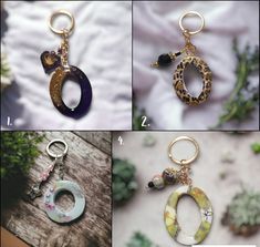 four pictures of different types of keychains with charms attached to them, including an animal print ring