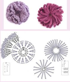 three different types of crochet patterns on a white background, one is pink and the other is purple