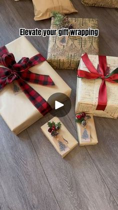 presents wrapped in brown paper and tied with red ribbon, sitting on the floor next to each other