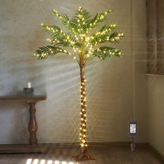 a lighted palm tree in the corner of a room