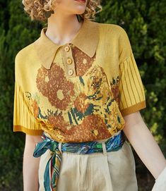 Fine Art Collection Van gogh oil painting sunflower inspired knit polo · PurpleFishBowl · Online Store Powered by Storenvy Sunflower Outfit, Fashion Week Dresses, Knit Polo, Lovely Tops, Suit Designs, Collar Designs, Elegant Shirt, Summer Fashion Outfits