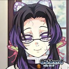 an anime character with long black hair and purple eyes wearing cat ears in front of a window