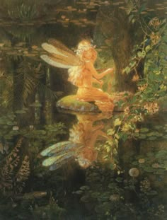 a painting of a fairy sitting on top of a lily pad in the forest with her reflection