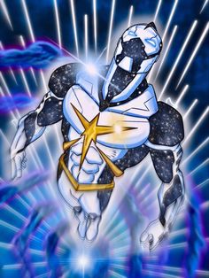 a drawing of a man in white and gold with stars on his chest, holding a star