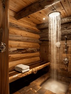 a shower head in the middle of a wooden bathroom