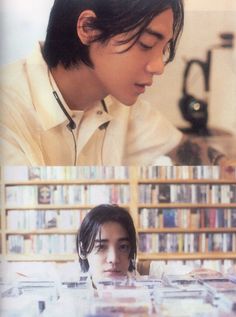 two images of the same man and woman in front of bookshelves