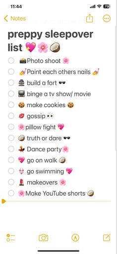 a phone screen with the text, preppy sleepover list and other things on it