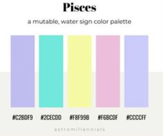 a poster with different colors on it and the words pisces written in black