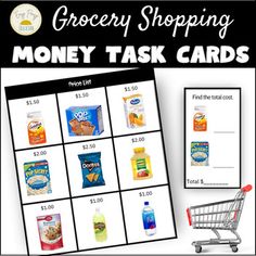 grocery shopping money task cards for students to practice their math skills and help them learn how to use it