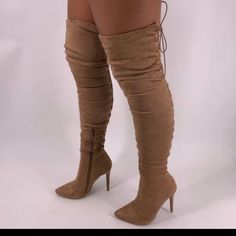 Brand New In Box Taupe Over The Knee Thigh High Boots Pointy Toe Silhouette Soft Faux Suede Back Open Lace Up With Gold Color-Tone Studded Detailing Padded Insole Side Partial Zipper Heel Height 4.5" Toe Opening Circumference 15" Shaft Length With Heel 27" Size 10 Doc Martins Boots, Lace Combat Boots, Womens Harley Davidson Boots, Lace High Heels, Lace Up Heel Boots, Lace Booties, Black High Heel Boots, Zipper Heels, Gogo Boots