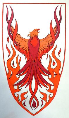 an orange and red bird with flames on it's wings is in the shape of a shield