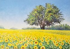 a painting of a sunflower field with a tree in the background