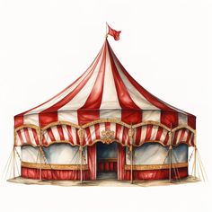 a drawing of a circus tent with red and white stripes on the top, set against a white background