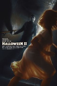 a movie poster for halloween ii with a woman in a dress and a man standing behind her