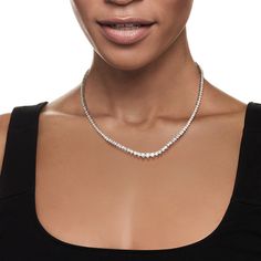 Ross-Simons - 3.00 ct. t. w. Diamond Tennis Necklace in Sterling Silver. 16". This 3.00 ct. t. w. round brilliant-cut diamond tennis necklace is a style essential for the avid diamond lover! Dress it up or dress it down - this piece looks great on-duty or off. Shines in polished sterling silver. Graduates from 1/16" to 3/16" wide. Single-latch safety. Push-button clasp, diamond tennis necklace. Diamond birthstones are the perfect gift for April birthdays. Dazzling Tennis Necklace With Prong Setting, Diamond White Single Strand Tennis Necklace For Anniversary, Dazzling Round Tennis Necklace, Platinum Tennis Necklace With Brilliant Cut, White Gold Tennis Necklace With Single Strand, Platinum Tennis Necklace With Prong Setting In White, White Gold Single Strand Tennis Necklace, Diamond White Platinum Tennis Necklace With Prong Setting, Dazzling Diamond White Single Strand Tennis Necklace