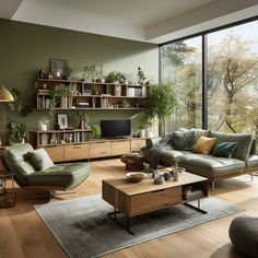 a living room filled with lots of furniture and large windows overlooking the trees in the distance