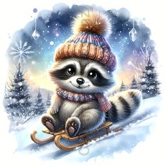 a raccoon is sitting on a sled in the snow with a knitted hat and scarf