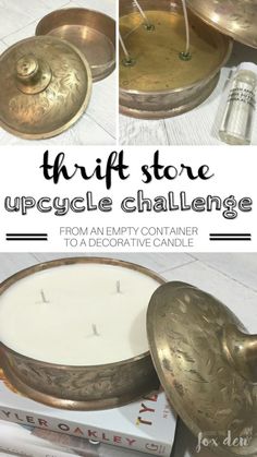 the thrift store upcycle challenge is on display in front of books and candles