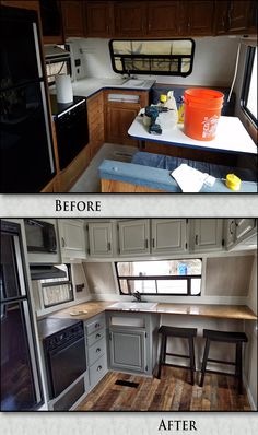 before and after photos of a mobile home kitchen remodel with wood flooring