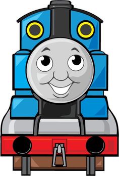 a blue and red train engine with eyes on it's face, smiling at the camera