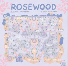 a map of the rosewood neighborhood in pink and blue, with trees on it