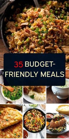 the cover of 35 budget - friendly meals, with pictures of different foods and vegetables