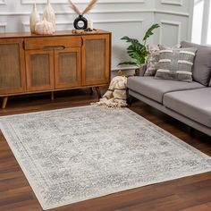 a living room area with couches, rugs and other items on the floor