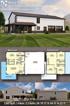 two story house plan with 3 car garage and attached living area, in the middle of an open field