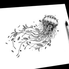 a drawing of a jellyfish with leaves and bubbles on it's back side