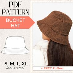 a woman wearing a brown bucket hat with the text, free pattern and image below it