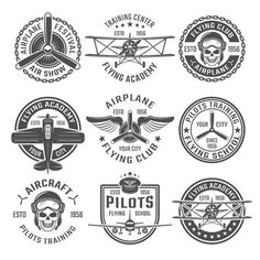 set of vintage airplane labels and emblems on white background stock photo, royalty illustration